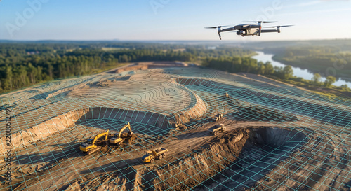 ドローンによる土木工事現場の3D測量と等高線地形データ可視化、ICT建設・スマート農業・DX技術のコンセプトイメージ