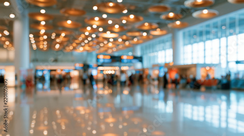 Blurry airport terminal travel background modern hall interior people silhouette golden ceiling light bokeh reflection business trip holiday vacation urban transport