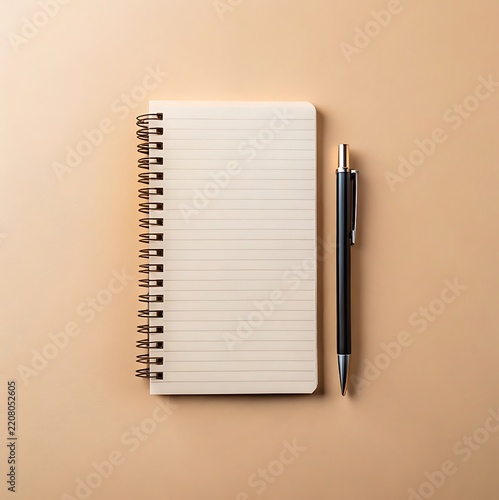 Open Spiral Notebook with Lined Pages and a Black Pen on a Beige Background paper