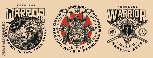 Three vintage-style logos feature bold