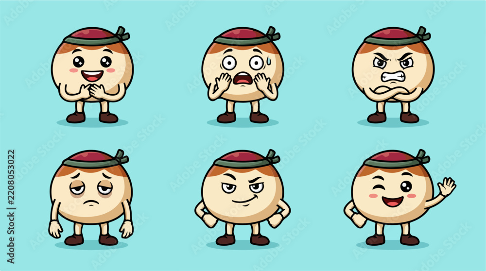 Obraz premium Six dumpling characters with various funny facial expressions.