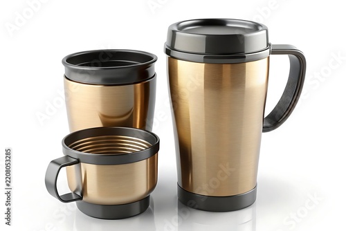 Set of Three Gold and Black Insulated Travel Mugs on a White Background image photo