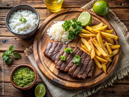 Sliced Grilled Steak with White Rice French Fries and Green Salad on Wooden Board