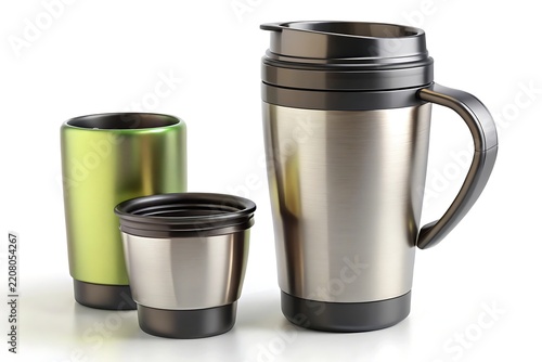 Stainless Steel Travel Mugs with Green and Silver Finish on White Background thermos