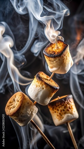 Three Toasted Marshmallows On Skewers With Rising Smoke Against A Dark Background