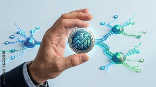 Business executive hand holding digital data node in network structure