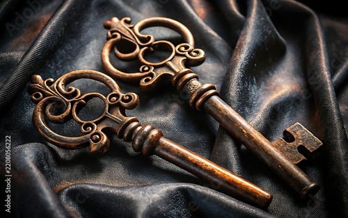 Two antique ornate skeleton keys resting on a dark draped fabric background metal