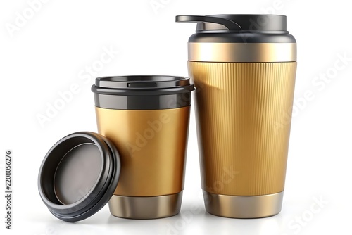 Two Gold and Black Insulated Travel Mugs with Lids on a White Background image photo