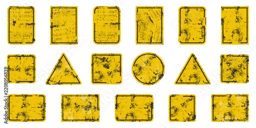 Collection of distressed yellow warning sign templates with empty geometric frames and grunge textures