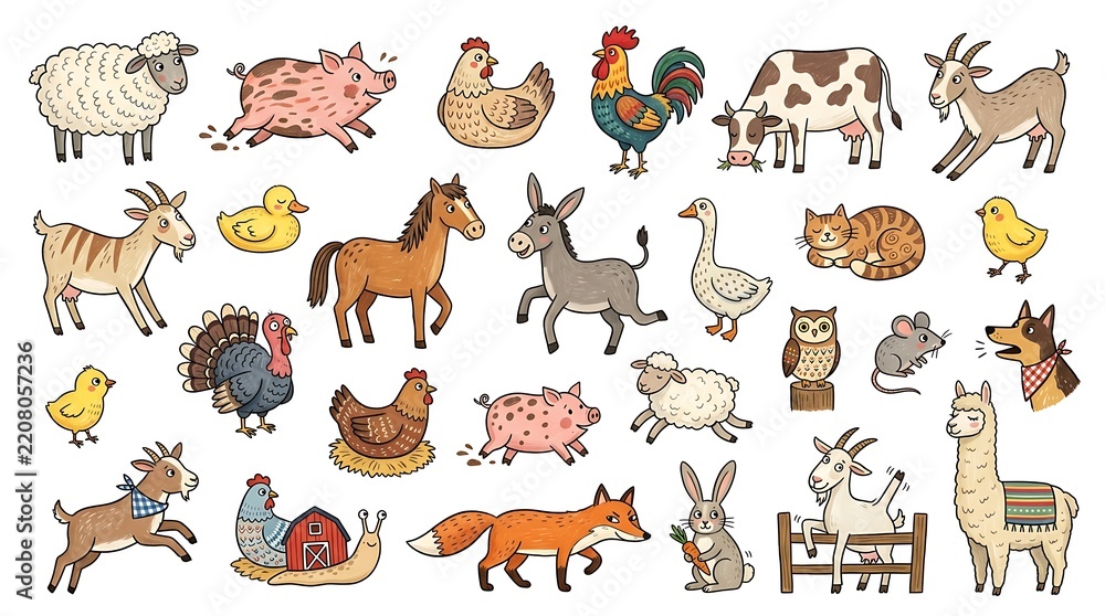 Fototapeta premium Hand drawn collection of farm animals, cute cartoon livestock, poultry, and pets isolated on a white background