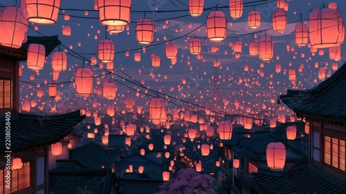 Night sky filled with floating lanterns over city
