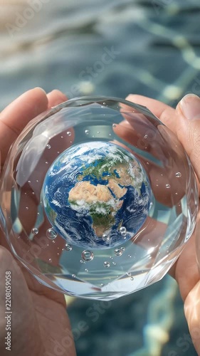 Hands holding crystal water sphere with planet Earth globe inside over ripples ecology concept vertical