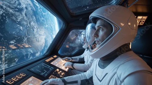 Two astronauts in spacesuits operating futuristic spaceship cockpit looking at planet Earth in space