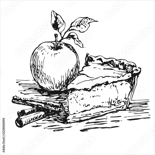 Slice of apple pie with cinnamon sticks and fresh apple hand drawn ink sketch vector illustration