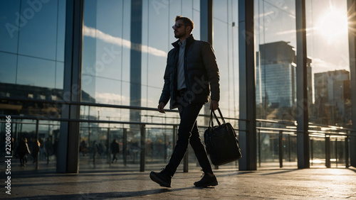 Stylish businessman walking outside modern office building with bag at sunset