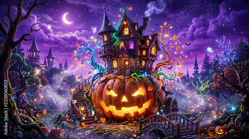 Haunted house perched on a giant glowing jackolantern in a magical purple night forest