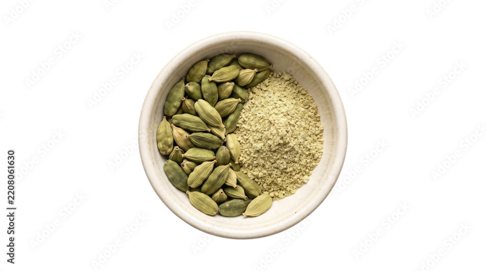 Fototapeta premium Green cardamom pods and ground cardamom powder in a bowl, organic aromatic culinary spices, top view on white background