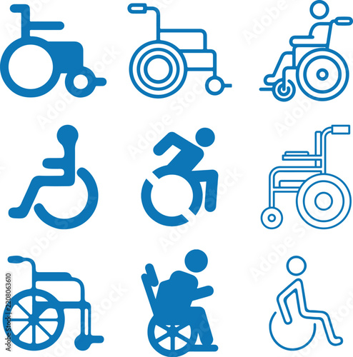 Mobility Accessibility Elements Collection, Handicap Support Feature Graphic Options, Disability Access Navigation Vector Design, Universal Movement Pictogram Selection