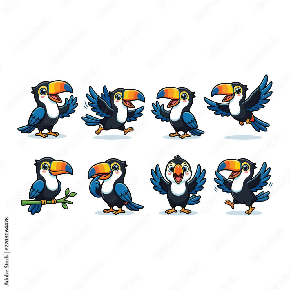 Fototapeta premium Cartoon toucan character set tropical bird mascot wildlife illustration poses