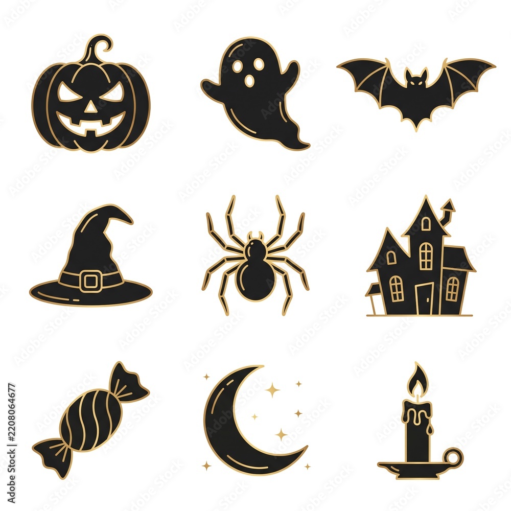 Fototapeta premium Black and gold Halloween icon set, luxury flat vector icons isolated on white background