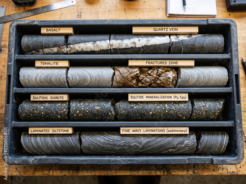 Labeled Rock Core Samples Showing Mineral Veins and Fractures
