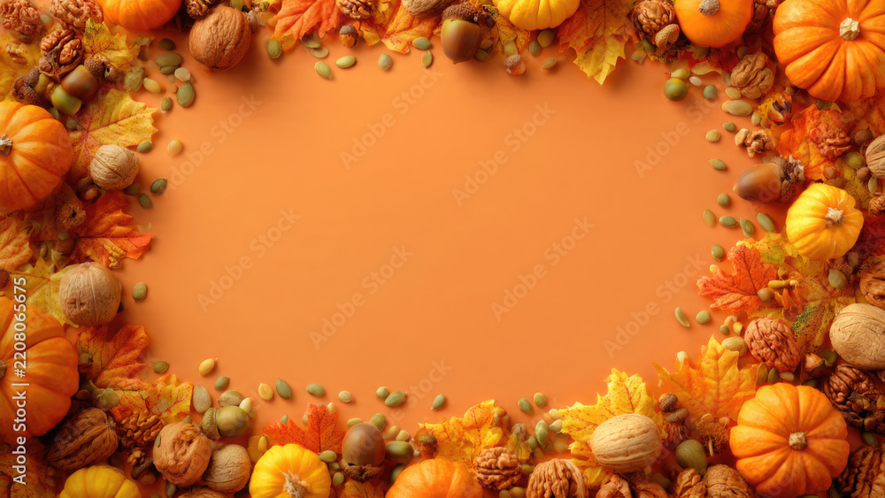 Fototapeta premium Autumn arrangement of pumpkins nuts leaves and seeds on a warm orange background