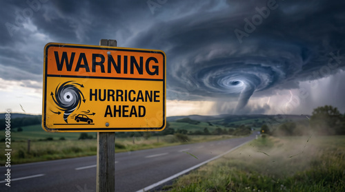 hurricane warning road sign at golden hour professional photorealistic storm alert banner with vibrant colors sharp details dramatic natural lighting for safety and weather concepts