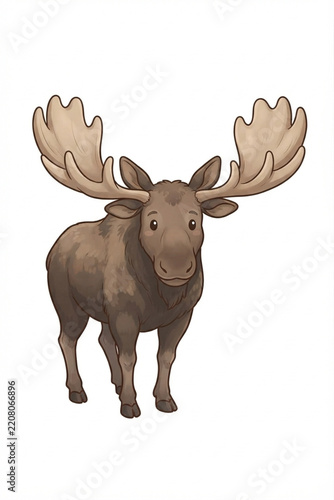 Adorable and friendly cartoon illustration of a moose with big palmated antlers and gentle eyes