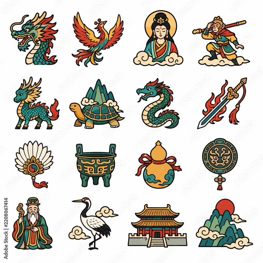 Obraz premium Traditional Asian mythology and Chinese cultural symbol icons.