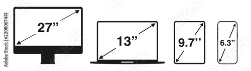 Screen Size Display Vector Icons Set Monitor Laptop Tablet Smartphone Inch Diagonal
