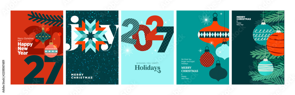 Obraz premium Merry Christmas and Happy New Year. Vector illustrations for holiday greeting card, poster, cover, website and social media banner, marketing material.