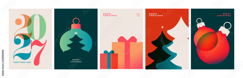Obraz premium Merry Christmas and Happy New Year. Vector illustrations for holiday greeting card, poster, cover, website and social media banner, marketing material.