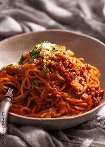 Close-up of a savory bowl of spaghetti Bolognese garnished with fresh parsley and grated Parmesan. Warm tones and soft fabric background evoke a cozy atmosphere.