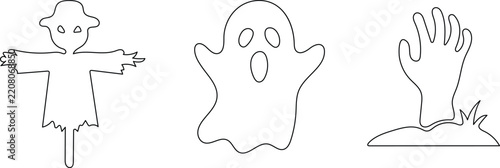 Halloween icons: scarecrow, ghost, and zombie hand outlines