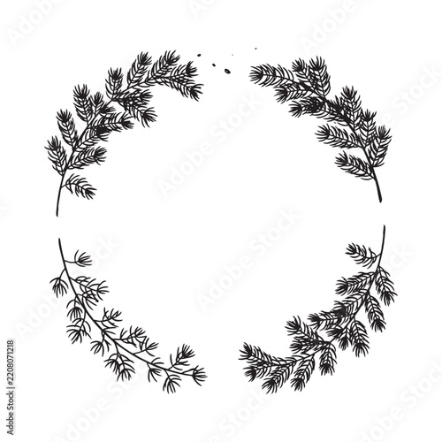 Conifer branch wreath black silhouette on a white background