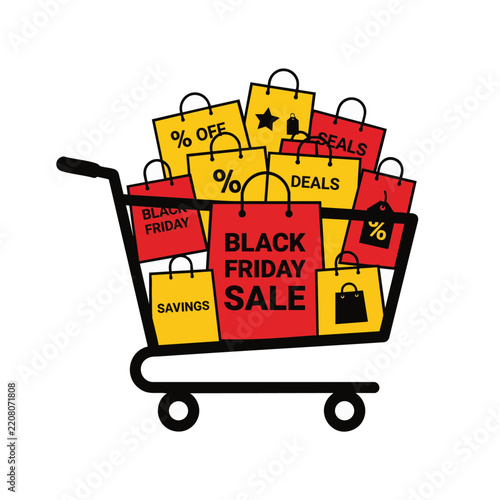 Shopping Cart Full of Shopping Bags Black Friday Flat Vector Illustration