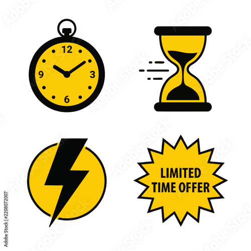 Limited Time Offer Clock Lightning Bolt and Starburst Label Flat Vector Set