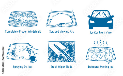 Frozen windshield car ice defroster icon vector set of 6 graphics