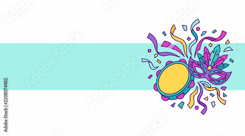 Mardi Gras Celebration Mask Tambourine and Confetti Festive Design