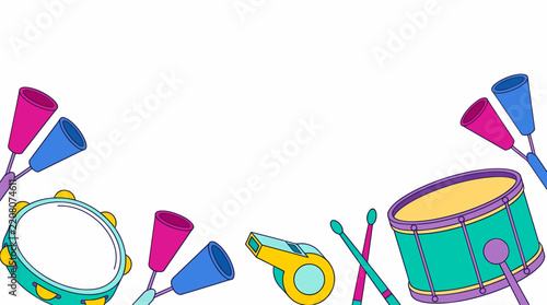 Collection of colorful percussion instruments and a whistle on a white background