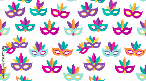 Seamless pattern of colorful carnival masks with feathers on white background