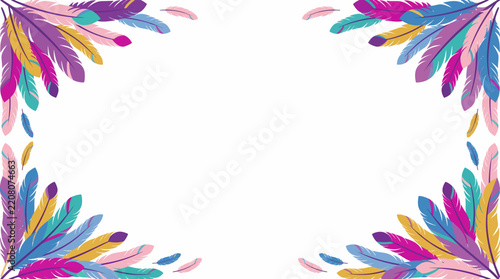 Colorful feathers arranged in a decorative border on a white background