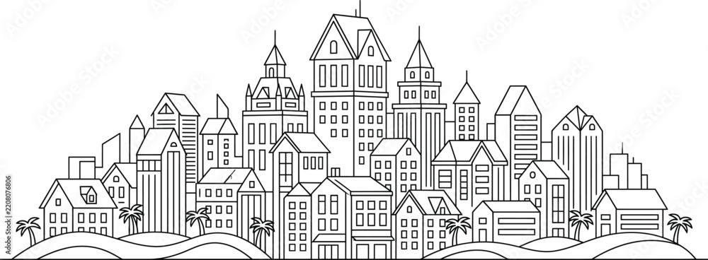 Obraz premium A detailed hand drawn black and white ink sketch illustration of a dense cityscape featuring various tall buildings and architectural structures in profile