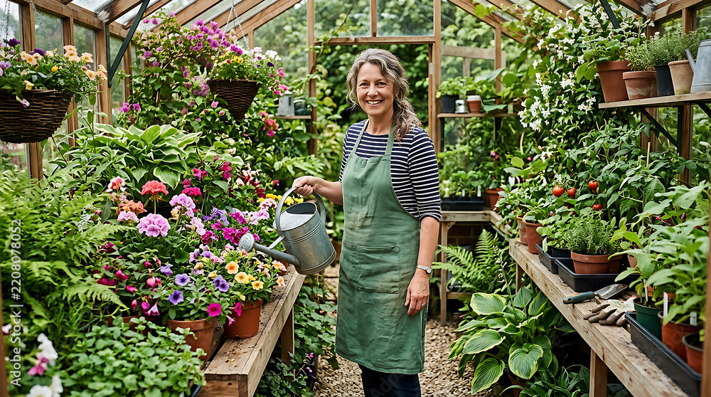 Fototapeta premium Woman smiling while tending to vibrant garden flowers.