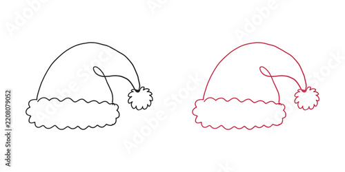 This image showcases a detailed line drawing of a classic santa claus hat presented in both a black and white version and