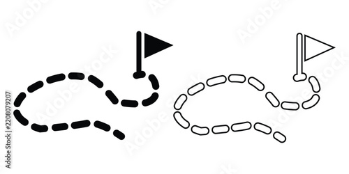 Winding path to destination with directional trail and flag, navigation, journey, route planning and goal achievement vector icon set