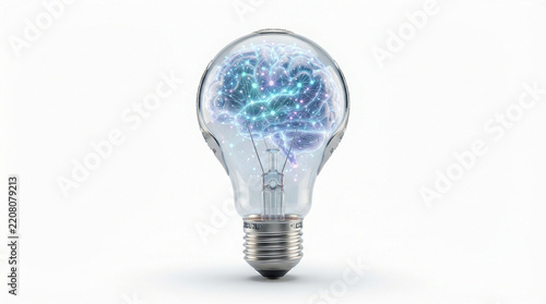 Light bulb containing a glowing human brain symbolising artificial intelligence and creative innovation