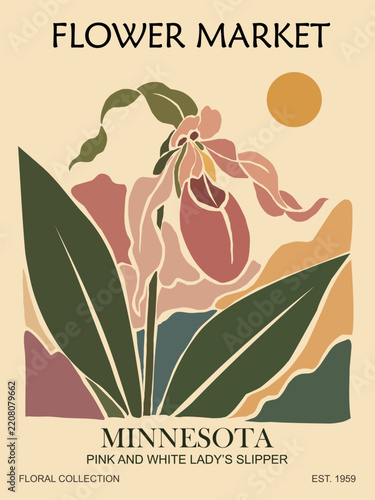 Vintage botanical flower market poster featuring the pink and white lady slipper Minnesota state flower for home decor travel branding and floral design