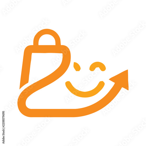 Orange Shopping Bag Logo with Smile and Arrow, E-commerce and Retail Vector Icon