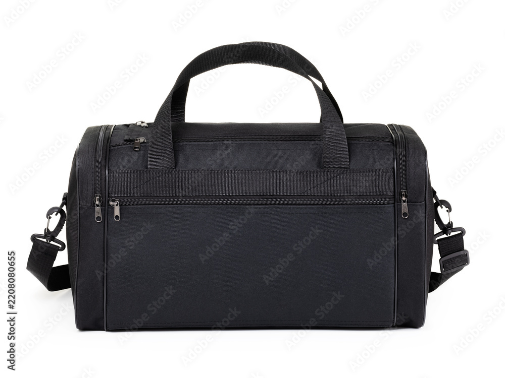 Obraz premium Black textile travel duffel bag with handles and shoulder strap isolated on white background, front view, product photography